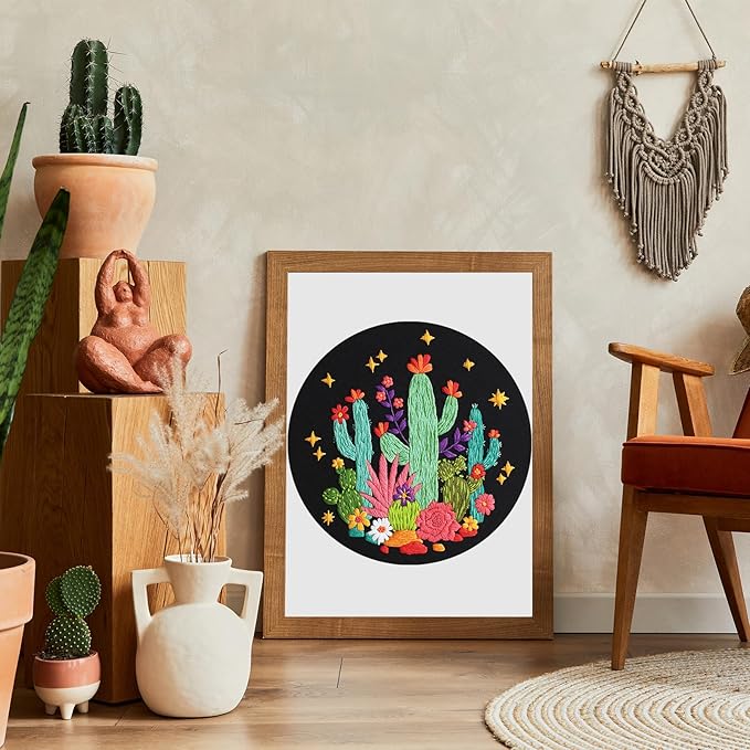 Louise Maelys Cactus Embroidery Kits for Beginners, DIY Cross Stitch Starter Craft Kits for Adults Including Embroidery Cloth with Pattern, Hoop, Needles Instruction and Threads