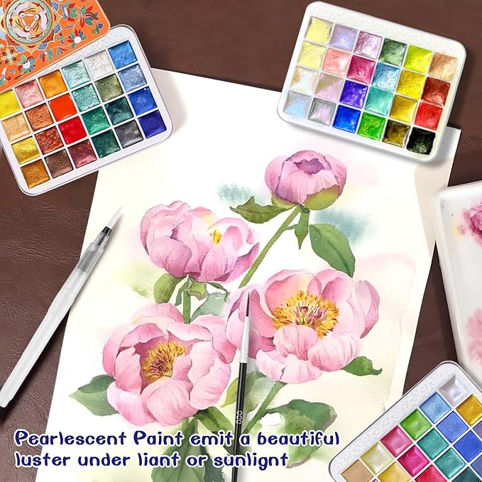 Mini Watercolor Paint Set - 24 Colors Glitter Travel Watercolor Set, Portable Metallic Water Color Paints Palette Box with Watercolor Book,Clips,Pens,Storage Bag for Painting Lovers and Artists
