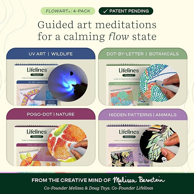 Lifelines FlowArt Activity Pads, 4-Pack - Guided Art Medtiations with 4 Sets of Markers & 80 Scenes - Color by Letter, Dot-Art and More, Coloring Books for Tweens, Adults & Seniors