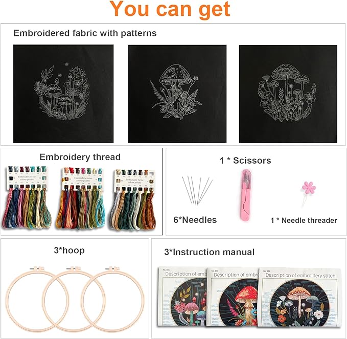 Myfelicity Embroidery Kit with Mushroom Patterns, 3 Hoops, Fabric, Threads, Needles, Instructions (Colorful)