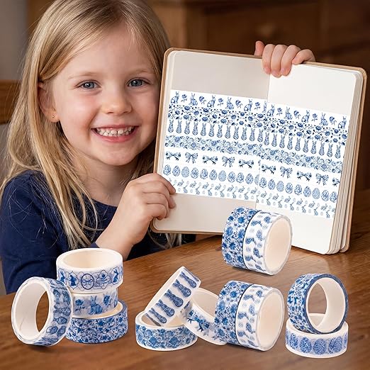 Chinoiserie Bunny Washi Tape - 12 Rolls Blue White Easter Chinese Inspired Rabbit Scrapbook Washi Masking Art Decorative Adhesive Tape Set School DIY Craft Scrapbooking Junk Journal Supplies