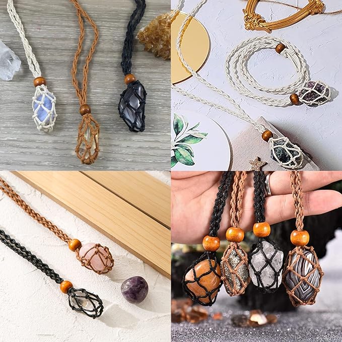 ZYNERY 9 Pcs Crystal Necklace Holder, Adjustable Crystal Holder in S M L, Woven Cage Necklaces for Jewelry Making DIY Crafts Accessories Stone Holder Necklace Cord Black, Brown, White
