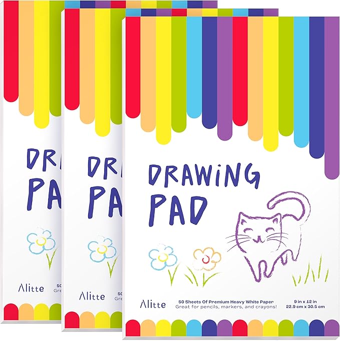 alitte drawing pad for kids - 3-pack (9x12) drawing paper with easy-tear pages - 50 sheets - kids art supplies | sketch pad for drawing & coloring - suitable for children and toddlers