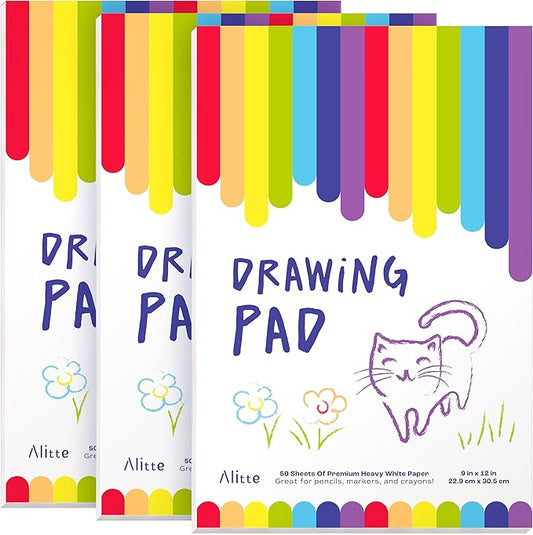 alitte drawing pad for kids - 3-pack (9x12) drawing paper with easy-tear pages - 50 sheets - kids art supplies | sketch pad for drawing & coloring - suitable for children and toddlers