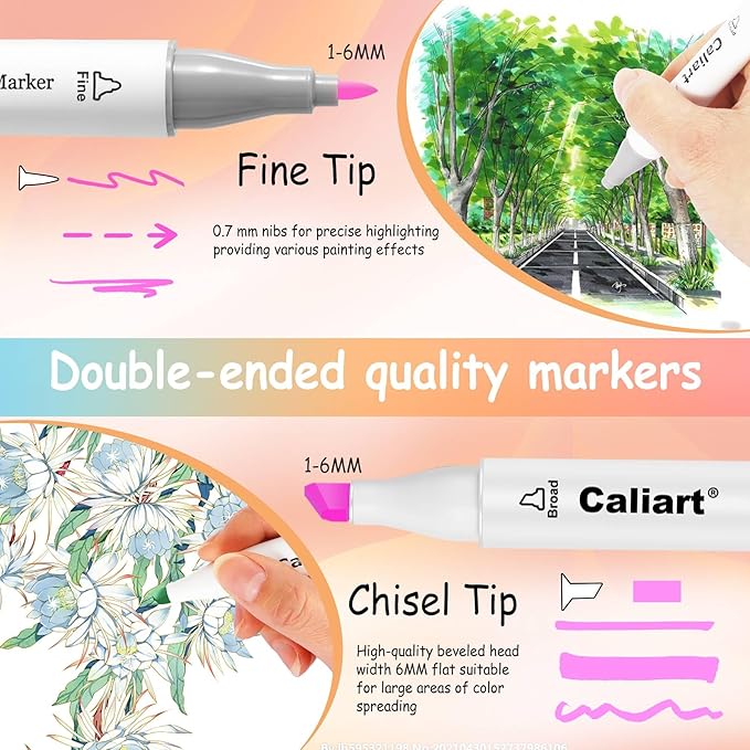 caliart pastel markers, 61 colors dual tip art markers sketch pens permanent alcohol based, with case for adults artists drawing illustration sketching coloring