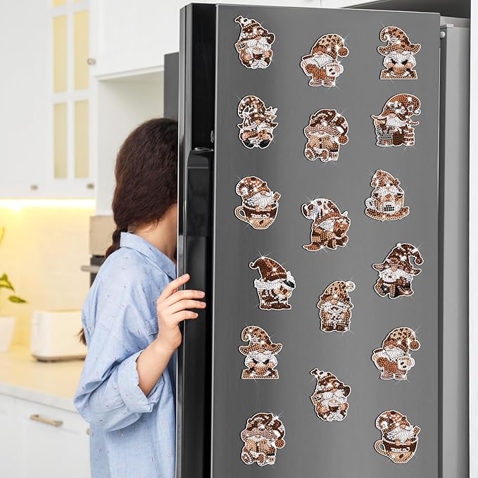 Frienda 12 Pcs Diamond Art Magnets Coffee Gnome Refrigerator Diamond Painting Magnets Easy Kits Interchangeable for Adults Beginners DIY Home Decors Gifts Craft