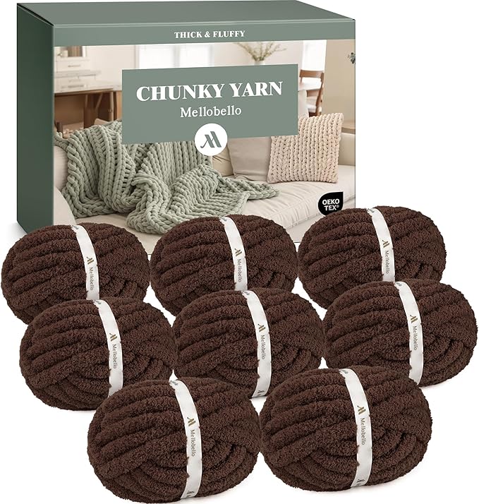 Jumbo Chunky Yarn for Hand Knitting - Super Thick Chenille Chunky Yarn for Crocheting - Extra Soft Bulky Fluffy Blanket Big Yarns 8 Jumbo Pack (27yds,8 oz Each Skein) Dark Brown