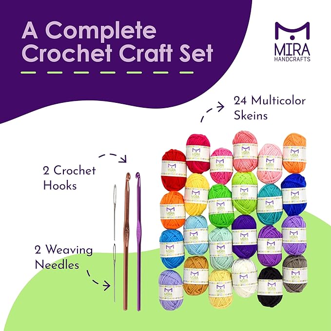 mira handcrafts crochet and knitting starter kit for colorful arts and crafts - 24 yarn skeins with 525 yards of multicolored thread, 2 hooks, 2 weaving needles - make amigurumi, scarves, and throws