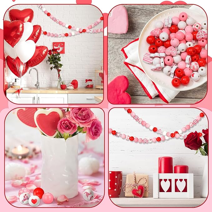 Waydress 200 Pcs Valentines Day Wooden Beads Hearts Beads Pink Red Farmhouse Beads Colorful Round Wooden Beads Natural Loose Beads for DIY Crafts Garland Wedding Home Decor