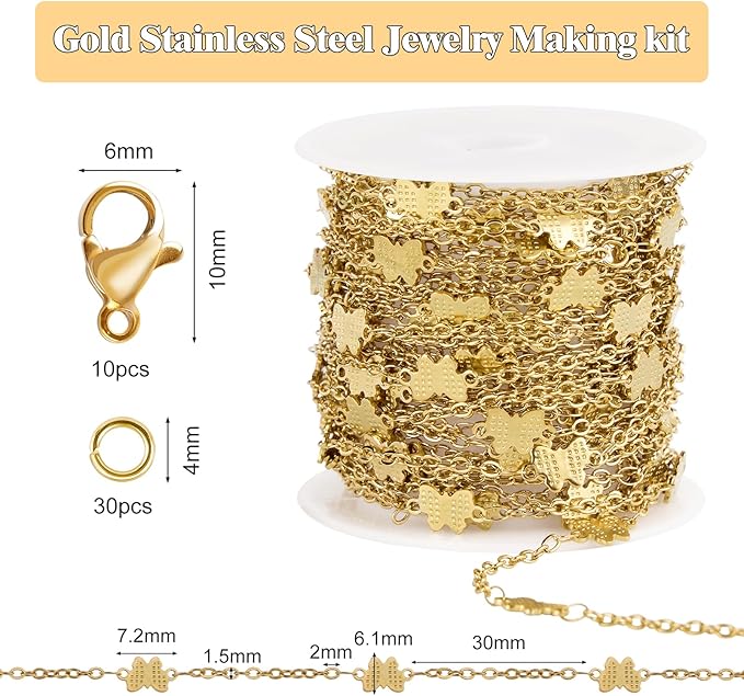 GTVOODX 18k PVD Gold Butterfly Chain for Jewelry Making 5 Meters Stainless Steel Cable Chain Spool Bulk for DIY Bracelet Necklace with 10 Lobster Clasps and 30 Jump Rings