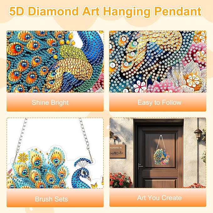 TOSTOG Flower Peacock Diamond Art Pendant Kit for Adult, Elegant Diamond Painting Hanging Kit for Beginners, 5D DIY Crafts Gem Art, Waterproof Full Accessories for Home Decor Idea 20 * 20 cm/8 * 8 in