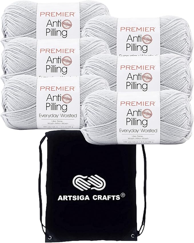 Premier Yarns Everyday Anti-Pilling Solid Silver DN100-83 (6-Skeins - Same Dye Lot) #4 Worsted Weight Acrylic Yarn for Crocheting and Knitting with Project Bag
