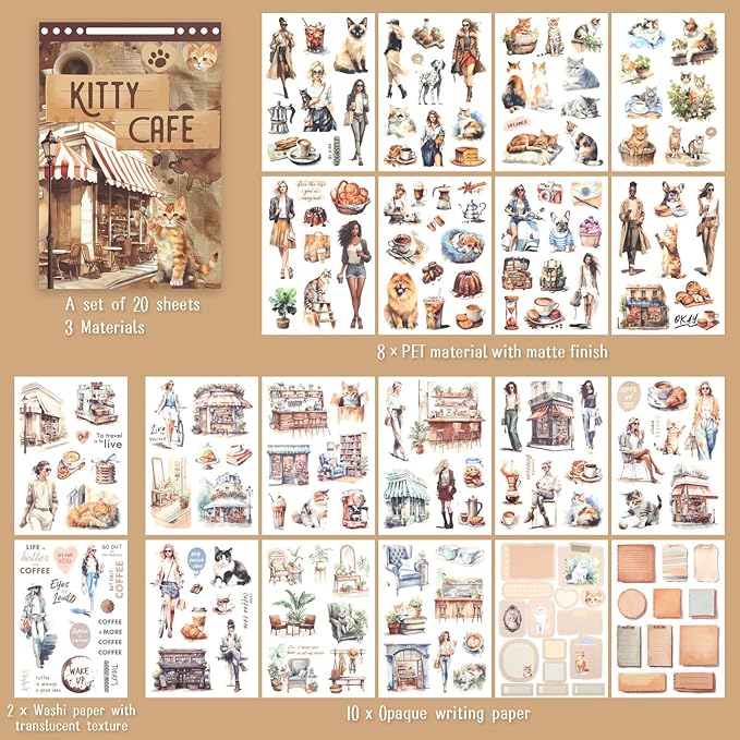 Dizdkizd Coffee and Pet Journaling Stickers for Women, 184 Die Cuts PET and Paper Scrapbook Sticker Kit, Cute Cats and Girl Sticker for Bullet Journals, Planners, Collage