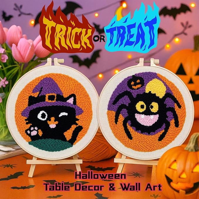 Halloween Punch Needle Kit for Adult Beginner, Easy Punch Embroidery Starter Set with Instruction, Fun DIY Needle Point Craft for Home Decor & Holiday Gift Idea(2pcs Cat & Spider)