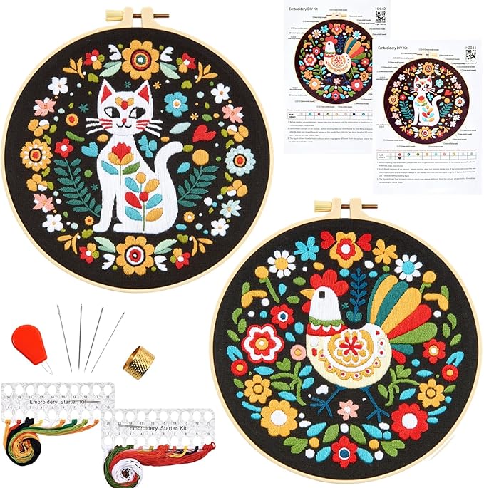 Animals Hand Embroidery Kits for Beginners Adults, Flowers Cat Embroidery Starter Kits, Cross Stitch Kits for Beginners Needlepoint DIY Kits for Adults, 2 Embroidery Hoops【Full-length Video Tutorial】