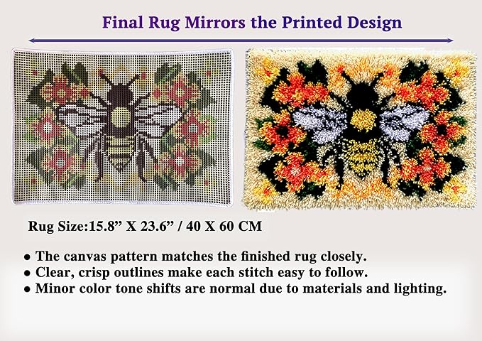 Golden Bee and Flower Latch Hook Kit, Vibrant Floral Bee Rug Design for Home Décor, Nature Inspired Latch Hook Rug , DIY Rug Making Kit for Adults & Beginners, 23.6''x15.8'' (Bee & Blossoms)