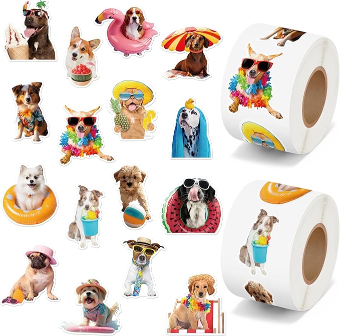 h1vojoxo summer dogs sticker rolls - 1000pcs hawaii dog stickers for kids 16 designs waterproof beach dogs stickers for water bottles laptop scrapbook crafts envelopes gifts cute sticker for dog lover