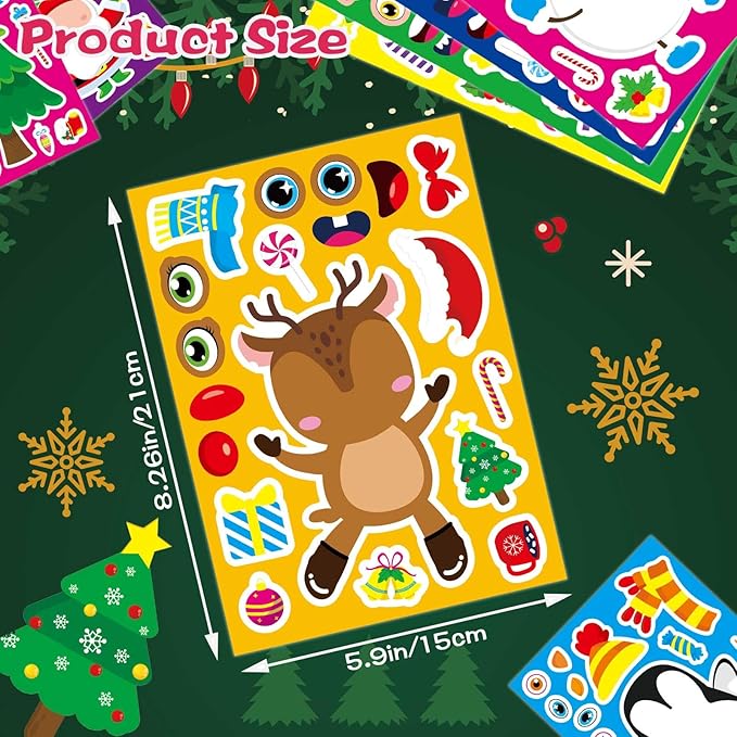 32 sheets christmas stickers for kids, make your own characters mix and match sticker, make a face stickers winter holiday gift, xmas party games sticker christmas party favor