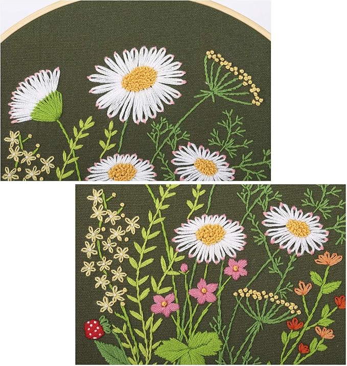 Picoey Embroidery Starters Kit with Pattern for Beginners, 4 Pack Cross Stitch Kits, 2 Wooden Embroidery Hoops,Scissors,Needles and Color Threads,Needlepoint Kit for Adults