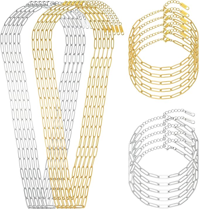 Swyabi 20 PCS Paperclip Chain Bracelet Necklace Kit Stainless Steel Charm Bulk Chains with Extender for DIY Jewelry Making Supplies Accessories (Gold + Steel）