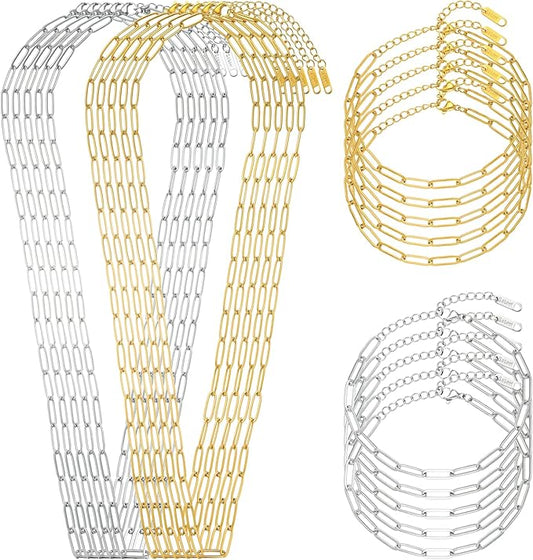 Swyabi 20 PCS Paperclip Chain Bracelet Necklace Kit Stainless Steel Charm Bulk Chains with Extender for DIY Jewelry Making Supplies Accessories (Gold + Steel）