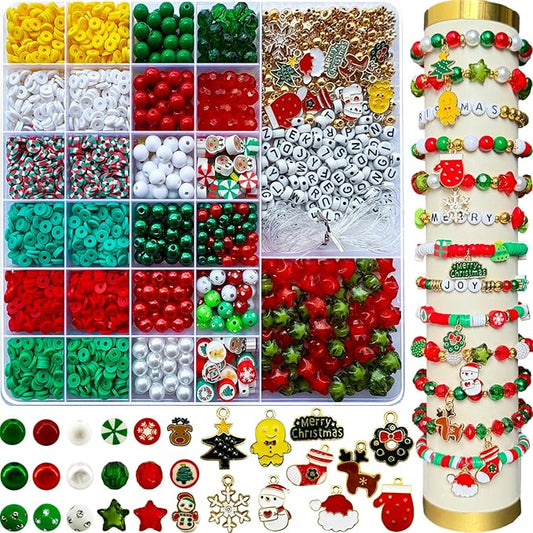 3140PCS Christmas Beads for Bracelets Jewelry Making Kit, Christmas Tree Snowflake Charms, Red Green Xmas Clay Beads Assorted Acrylic Crystal Round Pearl Star Spacer Bead for DIY Crafts Necklace