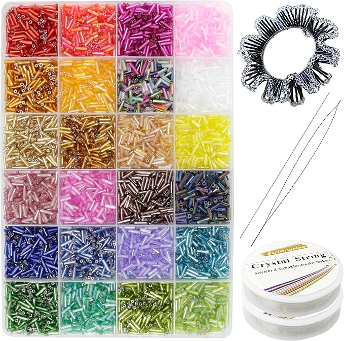 9600Pcs 7mm Tube Beads Kit Glass Bugle Seed Beads Small Craft Bead with Two Crystal String for Jewelry Making DIY Crafting Bracelet Necklaces Embroidery, Home Decoration (24 Colors)