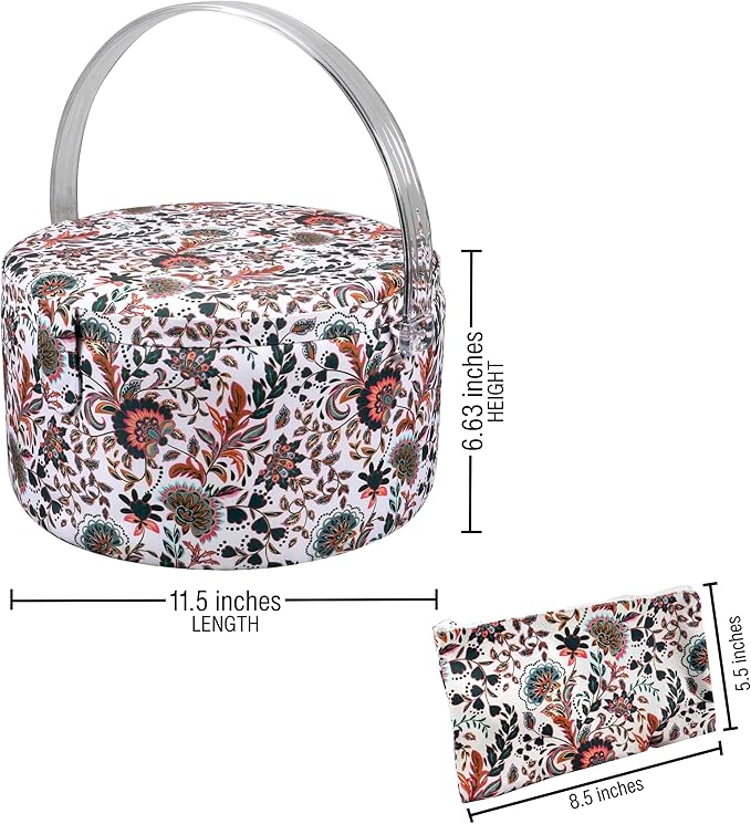 SINGER Premium Round Large Sewing Basket with Matching Zipper Pouch | 30% More Storage Volume (Floral Paisley Print)