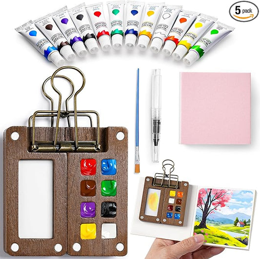 Mini Watercolor Paint Set, 12 Colors Portable Pocket Watercolour Travel Kit with 8 Grid Wood Paint Palette, Sketchbook, Metal Clip, Water Brush for Painters Artists Students