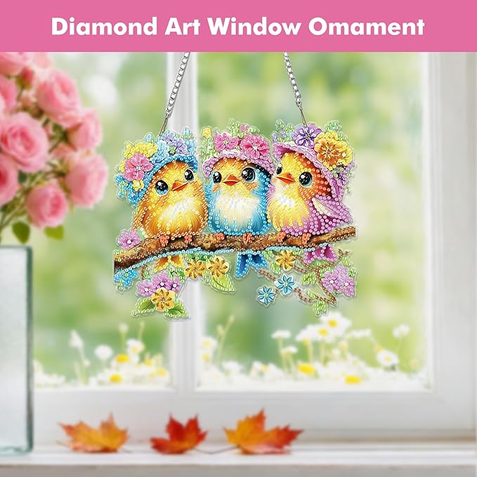 Miwixy Three Birds Hanging Diamond Art Kits for Adults,Colorful Flowers Special Shaped Crystal Diamond Painting Ornament DIY Double-Sided Pattern Window Pendant Gem Art Kit for Home Wall Decor