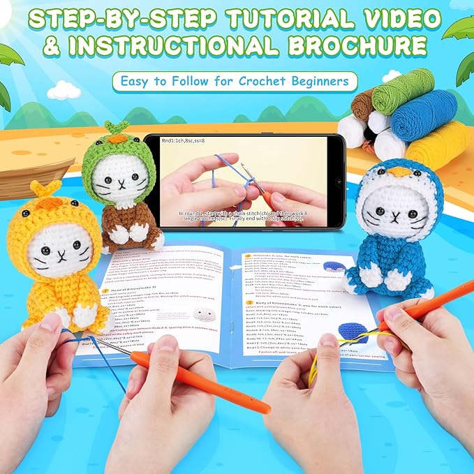 Crochet Kit for Beginners, 3 Pack Duck Cat Crochet Kits with Step-by-Step Video Tutorials, Beginner Crochet Kit for Adults, Crochet Animal Kit for Starters, DIY Craft Gift for Cat Lover
