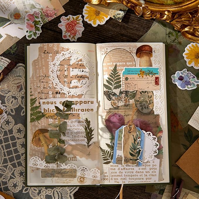 Esweny 251PCS Vintage Scrapbook Supplies Pack, Scrapbooking Paper and Stickers Ephemera Bundle Junk Journal Kit for Art Aesthetic Journaling Collage Decoupage Craft (Mountain and Fields)