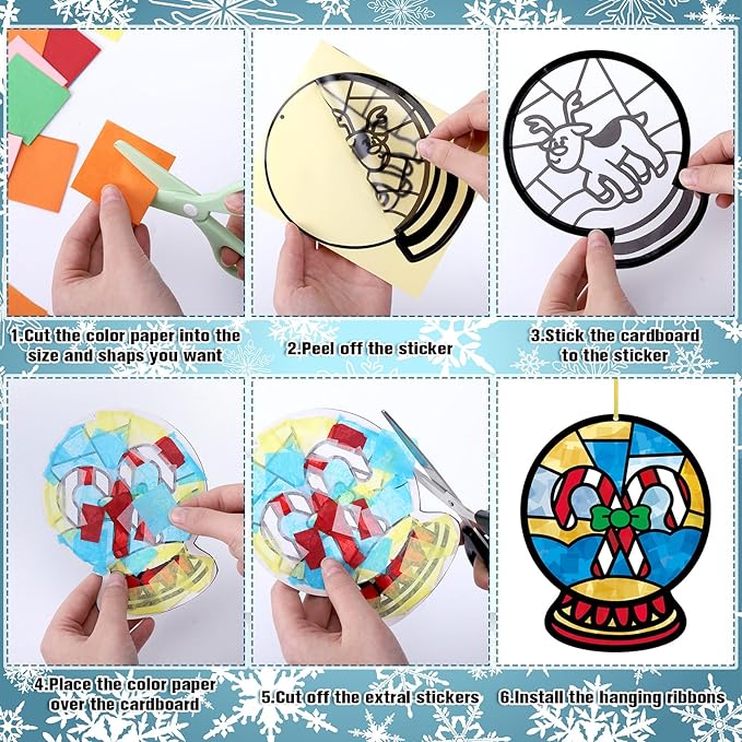 30 Pcs Christmas Snow Globe Suncatchers Paper Craft Set Snow Globe DIY Stained Glass Effect Tissue Paper Kits Gift Bulk for Xmas Classroom Activities Art Party Decor
