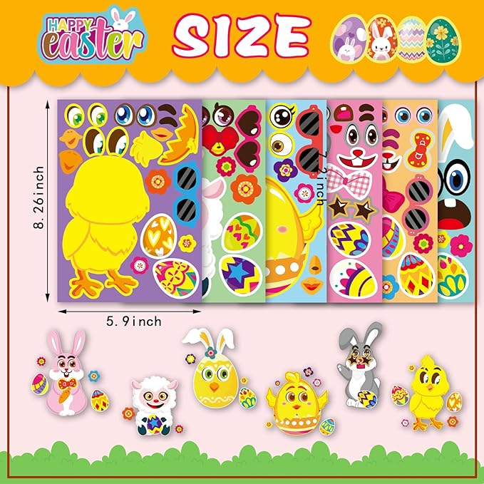 36 sheet easter stickers for kids,easter basket stuffers,make a face sticker, make your own animal stickers,party favor supplies crafts