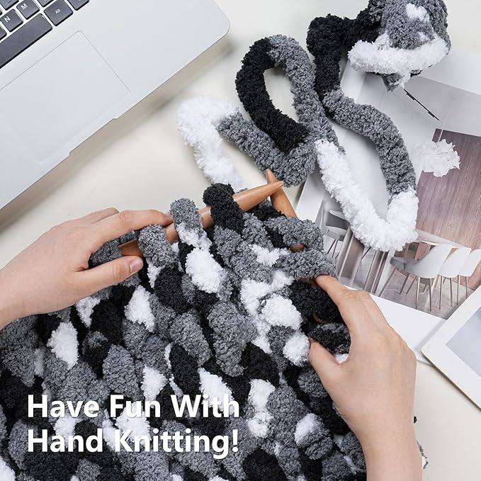 Chunky Yarn for Hand Knitting - #10 Chunky Chenille Blanket Yarn, Jumbo Big Thick Chunky Yarns for Crocheting, Tie Dye Bulky Knit Yarns, 8 Skein (25 yds 8 oz Each Skein), Black & Grey & White