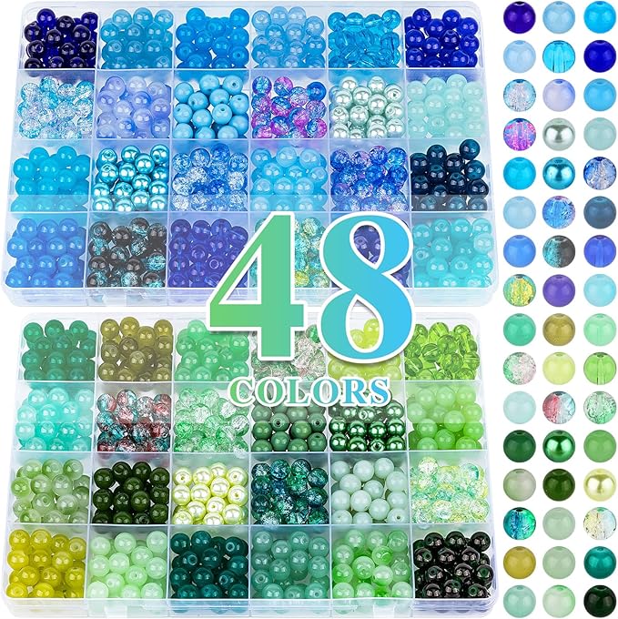 XSEINO About 1200PCS 8mm Glass Beads Bracelet Making Kit,48 Assorted Dreamy Blue Ocean and Green Series Colorful Crystal Beads for Making and DIY Crafts