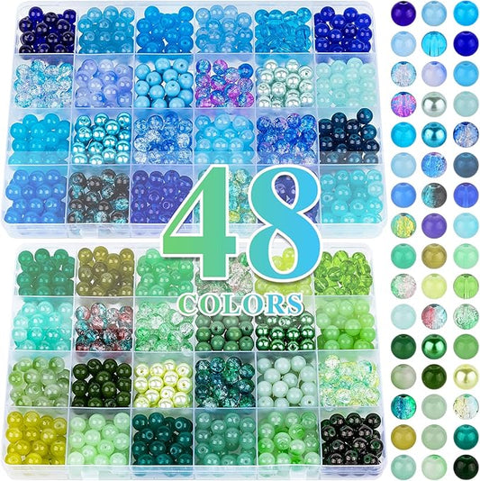 XSEINO About 1200PCS 8mm Glass Beads Bracelet Making Kit,48 Assorted Dreamy Blue Ocean and Green Series Colorful Crystal Beads for Making and DIY Crafts