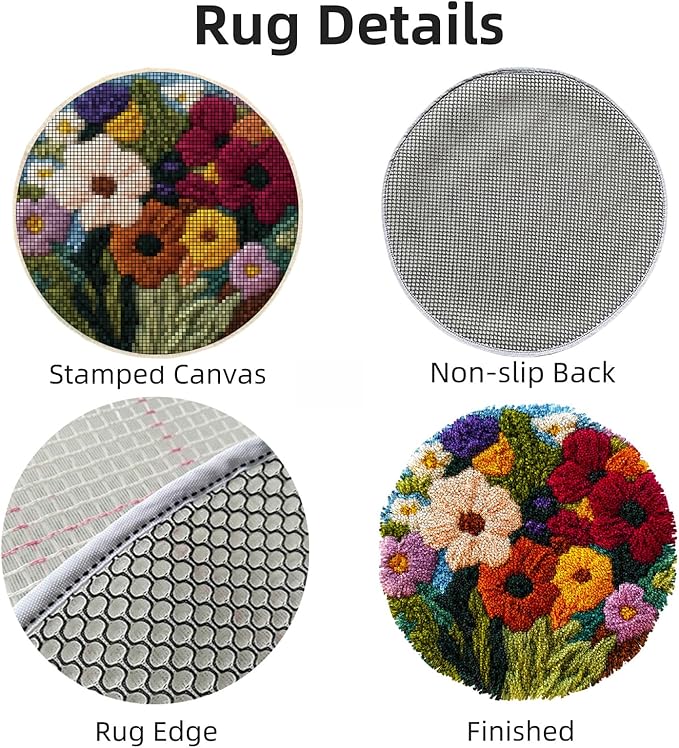 Latch Hook Rug Kit Abstract Cute Wild Flower Easy for Beginners Round Shape Carpet Crochet Yarn Craft Mini Rug DIY Hook and Latch Little Tapestry for Home Decor 30x30cm
