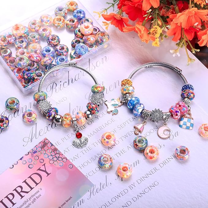 AIPRIDY Girls' Lucky Beads Lover Amber Beads, Big Hole Spacer Beads European Craft Beads for DIY Charms Bracelet Jewelry Making (Fishscale)