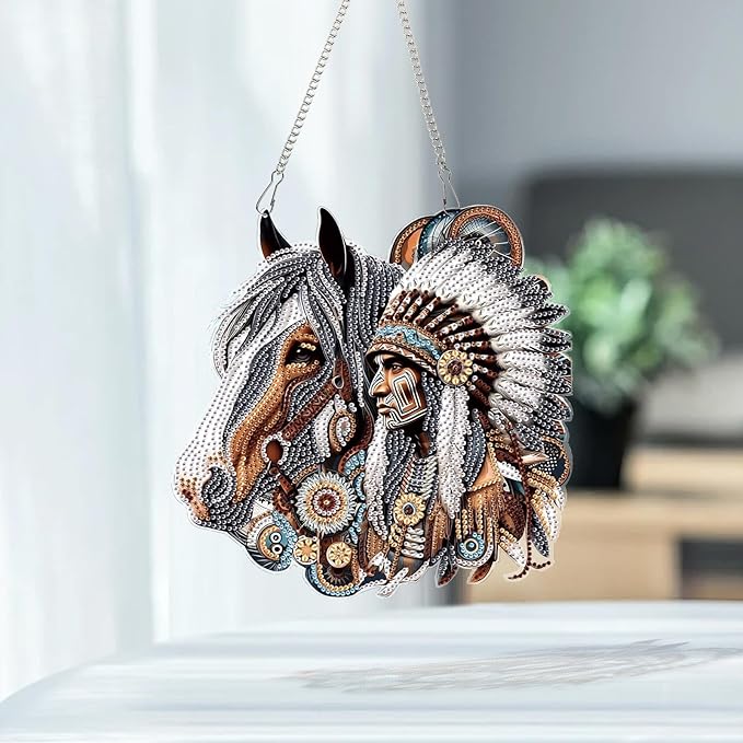 AiYuanzsh Diamond Art Suncatcher Hanging Kit Native American Horse Design, Special Shaped Diamond Painting Hanging Ornament for Adults DIY Wall Window Decoration
