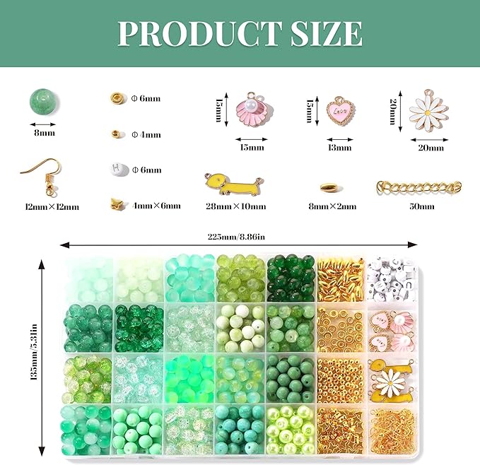 905Pcs Green Glass Beads Jewelry Making Kit for Woman - 8mm Crystal Beads for Bracelets Making with Beaded Plant & Alloy Charms for Boho Friendship Bracelets Necklace Earrings DIY Plant Making