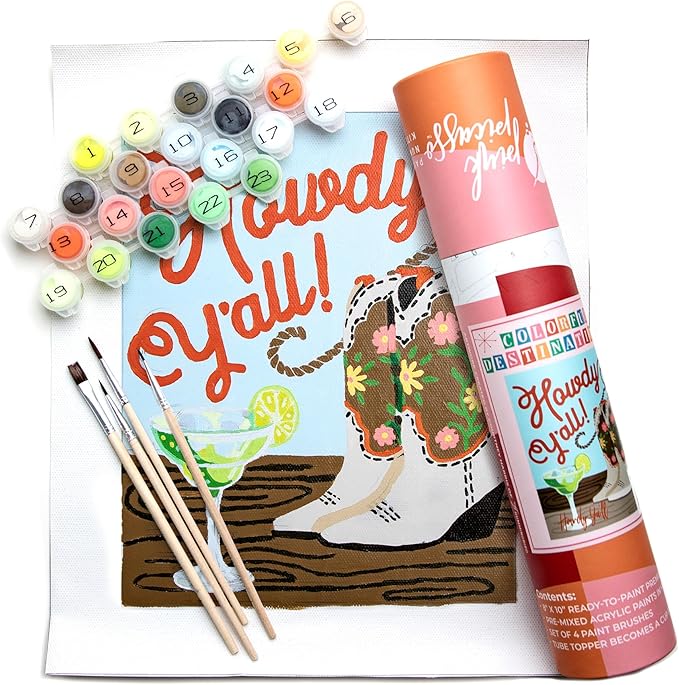 Pink Picasso Kits Colorful Destinations Paint by Number for Adults and Teens | DIY Unique Canvas Painting Kits Color by Numbers Arts & Crafts Kit | Howdy Y'all 8x10 - Paint Kit Set