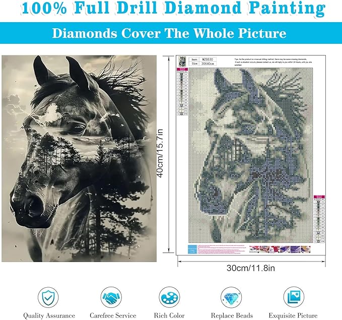 Meothan Diamond Art Kits for Adults, 5D DIY Horse Diamond Painting Kits for Beginners, Diamond Dots Gem Arts Crafts Kits for Living Room Bedroom Home Wall Decor Offices12X16 Inch