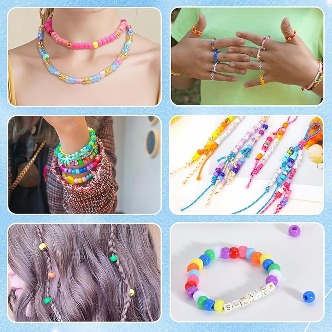 sunrica 1100pcs pink pony beads 6x9mm large hole plastic beads for kandi, hair braids, necklaces, friendship bracelets