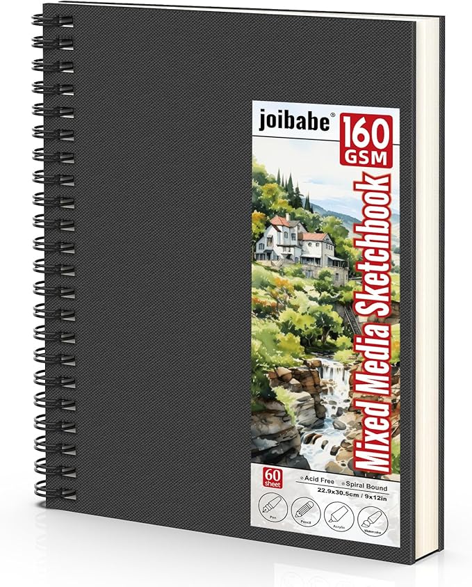 joibabe Spiral Bound Mixed Media Sketchbook, 160 GSM Heavyweight Acid Free Paper, 60 Sheets, 9x12 Inch Art Notebook for Drawing, Watercolor, Acrylic, Sketching, 2 Pack