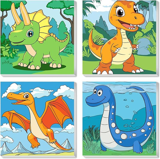 KEYIFA 4 Pack Framed Paint by Numbers Kit for Kids Age 6-12, Easy Cute Dinosaur Painting for Adult Beginners, DIY Framed Acrylic Canvas Painting for Home Decor Children Gift, 8x8 in