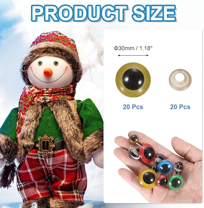 PATIKIL 30mm Safety Eyes, 20Pcs Realistic Doll Crocheting Safety Eyes with Washers for Decor Crochet Accessories Dolls Craft Halloween, Gold Tone