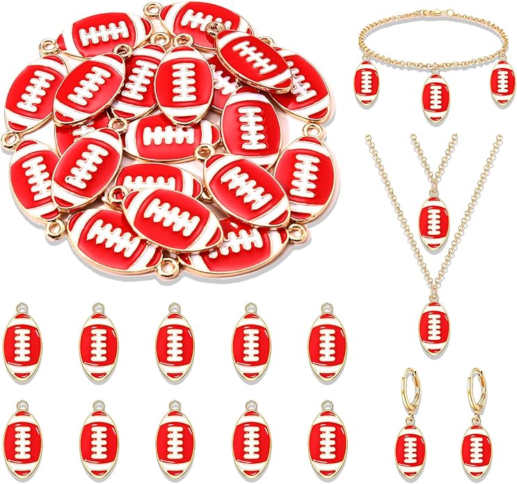 NVENF 30PCS Football Charms for Jewelry Making, Enamel Football Charms for Bracelet Necklace Earrings Making, Red Black White Blue Purple Orange Game Day Football Charm Bulk