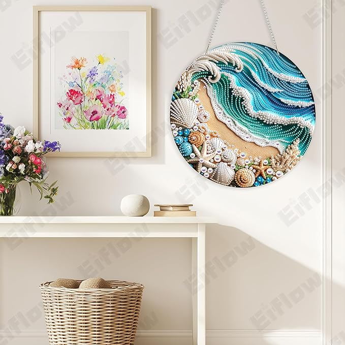 Eiflow Acrylic Diamond Art Hanging Kit for Adults, DIY Diamonds Painting Door Hanging Board Kit, Special Crystal Diamond Art Painting Pendant Ornament (Beach)