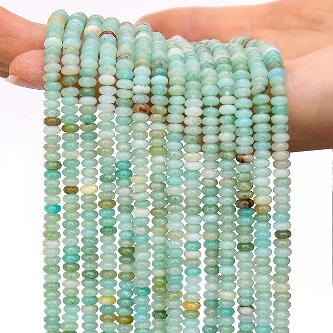2 Strands (300PCs) Natural Amazonite Rondelle Beads, 2 * 4mm Gemstone Loose Spacer Abacus Disk Beads for DIY Bracelet Necklace Earrings Jewelry Making, Craft Supplies Beading Kit